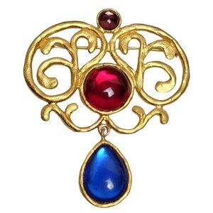 Carol Dauplaise Gold-Tone Gripoix Style Glass Cabochon Dangle Brooch, Signed